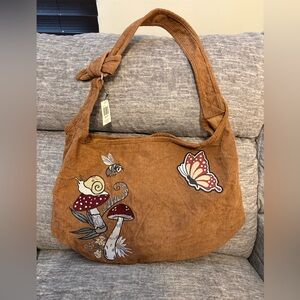 Brown Corduroy Shoulder Bag with Embroidered Design